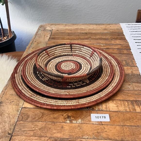 Set Of 3 African Fulani Mbeedu Rounded Flat Bowl Woven Baskets Boho main image 9